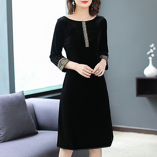 

Women's A Line Dress Knee Length Dress Black Red Long Sleeve Solid Color Zipper Patchwork Print Fall Round Neck Vintage Slim 2021 M L XL XXL 3XL 4XL 5XL