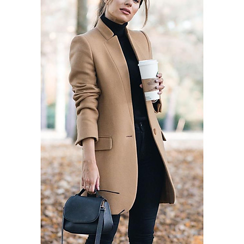 

Women's Coat Daily Fall & Winter Long Coat Stand Collar Regular Fit Basic Jacket Long Sleeve Geometric Khaki