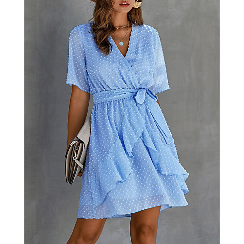 

Women's A Line Dress Short Mini Dress Blue Yellow Wine Army Green Light Brown Black Light Blue Half Sleeve Solid Color Ruffle Summer V Neck Hot Casual 2021 S M L XL XXL
