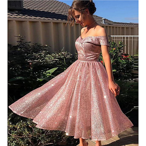 

Women's A Line Dress Knee Length Dress Blushing Pink Short Sleeve Solid Color Fall Off Shoulder Hot Elegant Party 2021 S M L XL