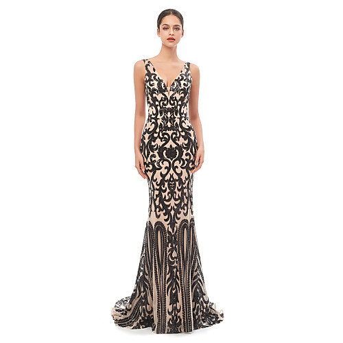 

Mermaid / Trumpet Celebrity Style Sexy Prom Formal Evening Dress V Neck Sleeveless Court Train Tulle Sequined with Sequin 2021