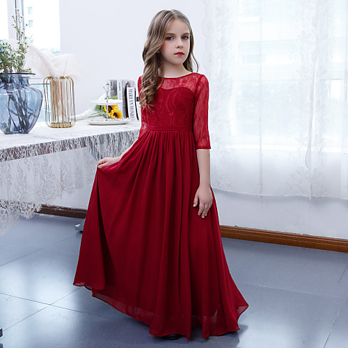 

A-Line Floor Length Junior Bridesmaid Dress Party Chiffon Half Sleeve Jewel Neck with Pleats