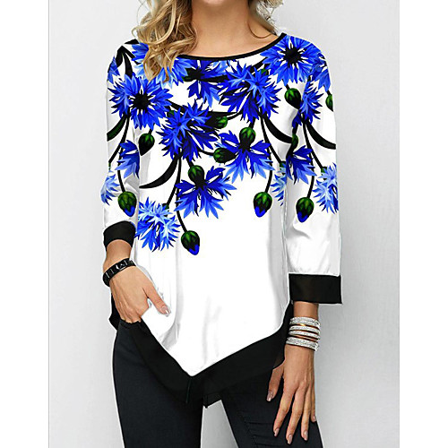 

Women's Blouse Shirt Floral Flower Print Round Neck Basic Tops White