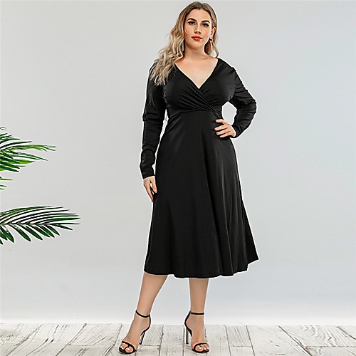 

Women's Sheath Dress Midi Dress Long Sleeve Solid Color Backless Fall Spring V Neck Vintage 2021 L XL XXL 3XL 4XL / Plus Size