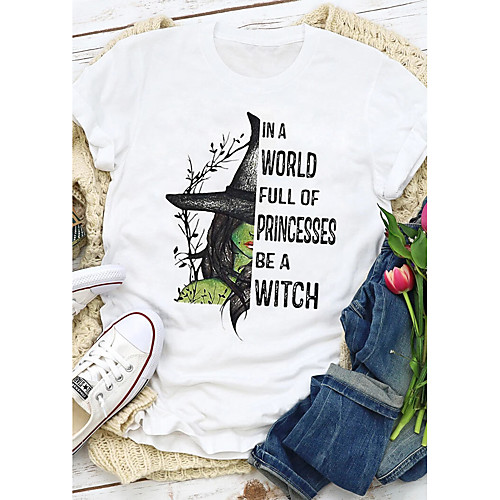 

Women's Halloween Witch T shirt Graphic Graphic Prints Letter Print Round Neck Basic Halloween Tops 100% Cotton White