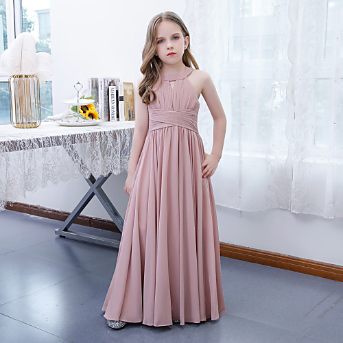 

A-Line Floor Length Junior Bridesmaid Dress Party Chiffon Sleeveless Jewel Neck with Pleats