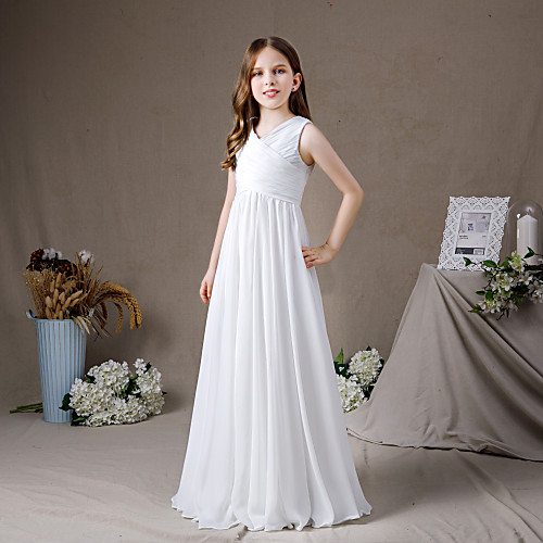 

A-Line Floor Length Junior Bridesmaid Dress Party Chiffon Sleeveless Jewel Neck with Pleats