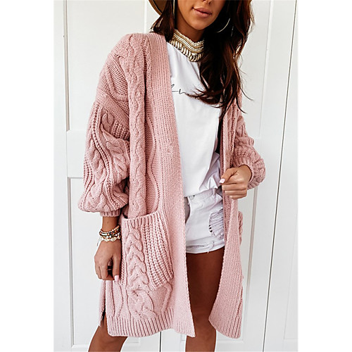 

Women's Basic Hollow Out Knitted Solid Color Plain Cardigan Acrylic Fibers Long Sleeve Sweater Cardigans V Neck Fall Winter Blushing Pink Beige Gray