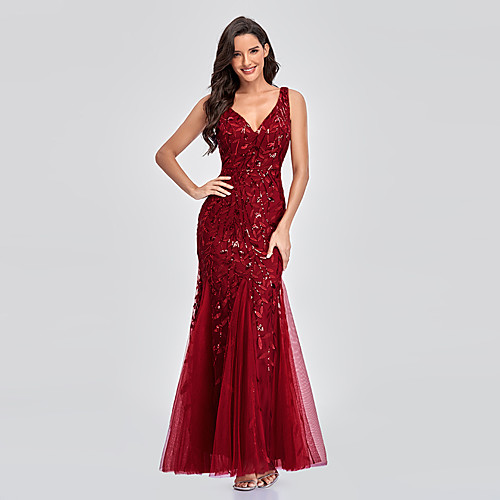 

Mermaid / Trumpet Empire Elegant Party Wear Formal Evening Valentine's Day Dress V Neck Sleeveless Floor Length Tulle with Embroidery 2021