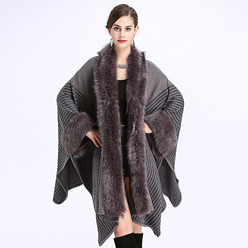 

Women's Cloak / Capes Daily Fall & Winter Long Coat Shawl Lapel Regular Fit Basic Jacket Long Sleeve Striped Black / Faux Fur