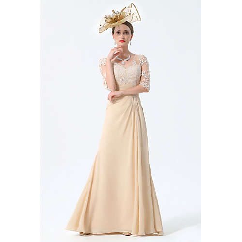 

Sheath / Column Mother of the Bride Dress Plus Size Sexy See Through V Neck Floor Length Chiffon Lace Half Sleeve with Lace 2021