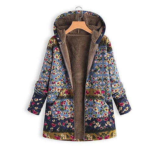 

Women's Coat Daily Fall & Winter Long Coat Hooded Regular Fit Basic Jacket Long Sleeve Plants Blue Blushing Pink