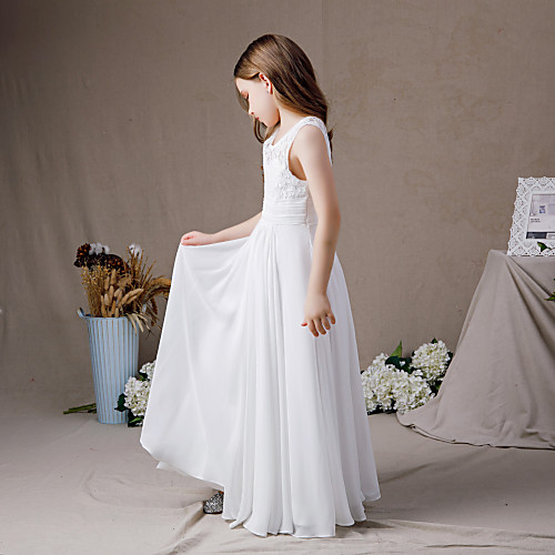 

A-Line Floor Length Junior Bridesmaid Dress Party Chiffon Sleeveless Jewel Neck with Pleats