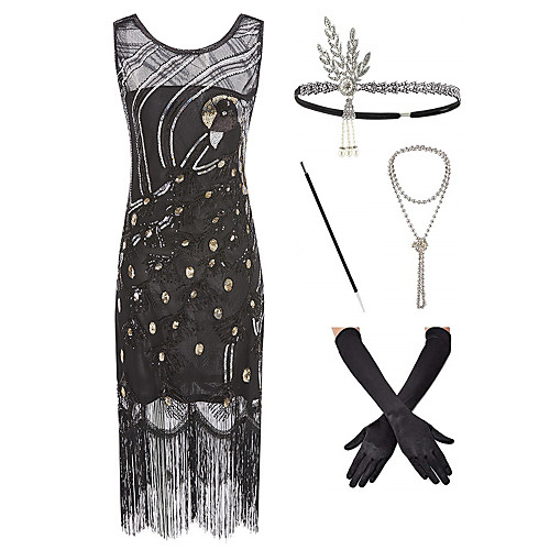 

The Great Gatsby 1920s Vintage Vacation Dress Flapper Dress Outfits Masquerade Prom Dress Women's Tassel Fringe Costume Black / Dark Green / Apricot Vintage Cosplay Party Prom / Gloves / Headwear