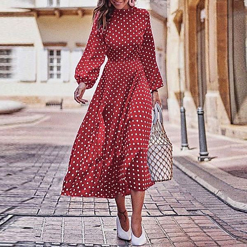 

Women's Swing Dress Maxi long Dress Blue Wine Black Long Sleeve Polka Dot Patchwork Print Fall Round Neck Hot Casual Going out Lantern Sleeve Slim 2021 S M L XL XXL 3XL