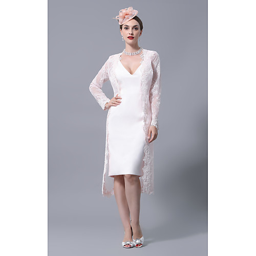 

Sheath / Column Mother of the Bride Dress Wrap Included Plunging Neck Knee Length Satin Long Sleeve with Lace 2021