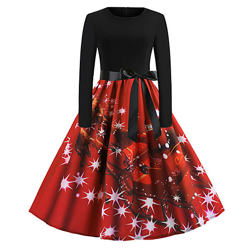 

Women's A Line Dress Knee Length Dress Blue Purple Green Red Long Sleeve Print Bow Print Fall Round Neck Vintage Christmas Party Slim 2021 S M L XL XXL