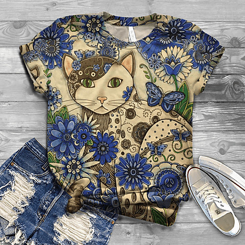 

Women's T shirt Floral Graphic Prints Flower Print Round Neck Basic Tops White Black Blue