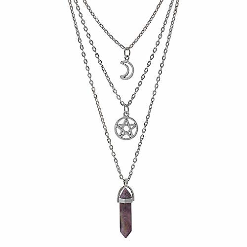 

moon pentagram necklace pentacle chakra charm pendant multi layer alloy chain choker necklace set gothic jewelry(a-purple amethyst-3pcs)