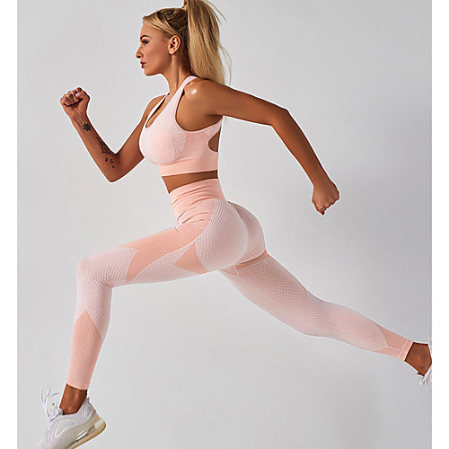 

Women's 2pcs Yoga Suit Summer Seamless Removable Pad Wireless Pink Black Nylon Fitness Gym Workout Running High Waist Cropped Leggings Bra Top Clothing Suit Sport Activewear Tummy Control Butt Lift
