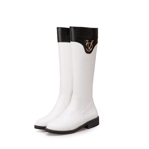 

Women's Boots Block Heel Boots Riding Boots Block Heel Round Toe Knee High Boots Basic Casual Daily Walking Shoes PU Color Block White Black Brown