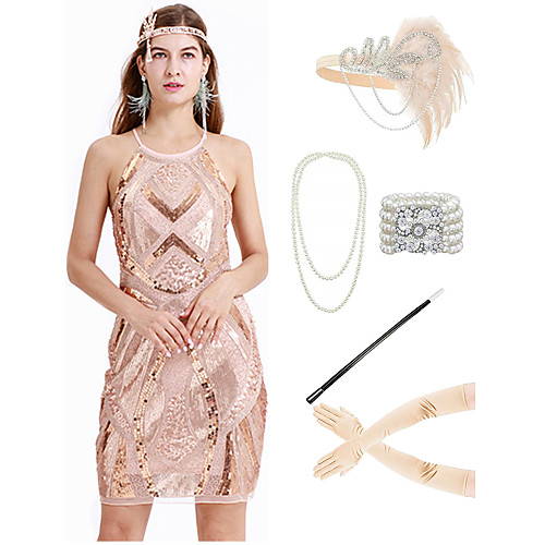 

The Great Gatsby 1920s Vintage Vacation Dress Flapper Dress Outfits Masquerade Prom Dress Women's Costume Beige Vintage Cosplay Party Prom / Gloves / Headwear / Necklace / Bracelets & Bangles