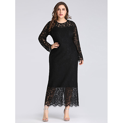 

Women's Shift Dress Midi Dress Black Long Sleeve Solid Color Lace Fall Spring Round Neck Elegant Sexy Club Slim 2021 XL XXL 3XL 4XL 5XL 6XL 7XL / Plus Size