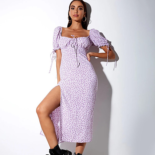 

Women's A Line Dress Midi Dress Blue Purple Short Sleeve Print Split Print Fall Summer Square Neck Sexy 2021 S M L