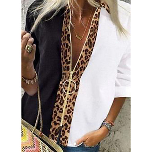 

Women's Blouse Shirt Color Block Leopard Cheetah Print Long Sleeve Zipper Patchwork Zip Up V Neck Basic Tops White / Black Leopard Black