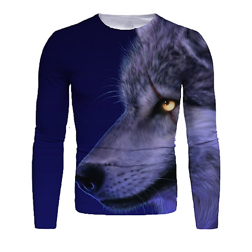 

Men's T shirt Shirt 3D Print Graphic Animal Long Sleeve Daily Tops Basic Round Neck Blue