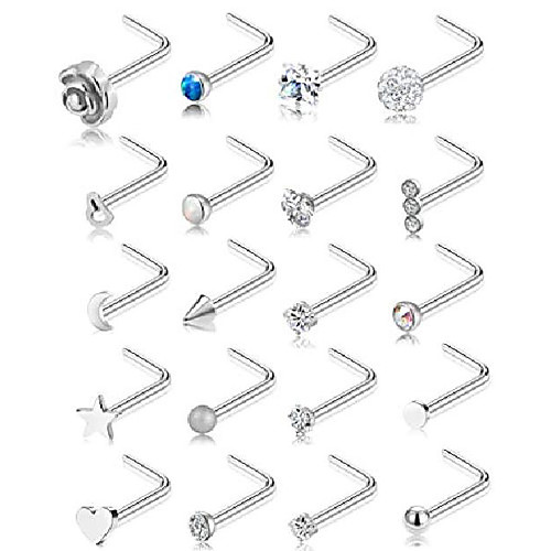 

nose ring cz nose stud retainer l shaped nose piercing jewelry set stainless steel silver tone 1pc