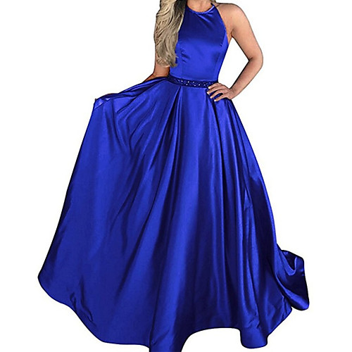 

A-Line Minimalist Sexy Wedding Guest Formal Evening Dress Halter Neck Sleeveless Sweep / Brush Train Stretch Satin with Pleats 2021