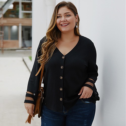 

Women's Basic Knitted Solid Color Plain Pullover Long Sleeve Plus Size Sweater Cardigans V Neck Fall Winter Black Yellow Gray