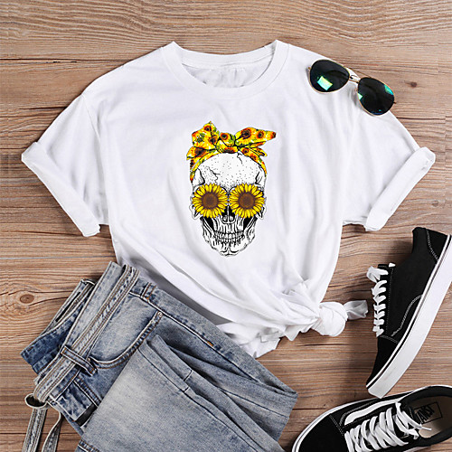 

Women's T shirt Floral Graphic Prints Skull Print Round Neck Basic Tops 100% Cotton White Black Dark Gray