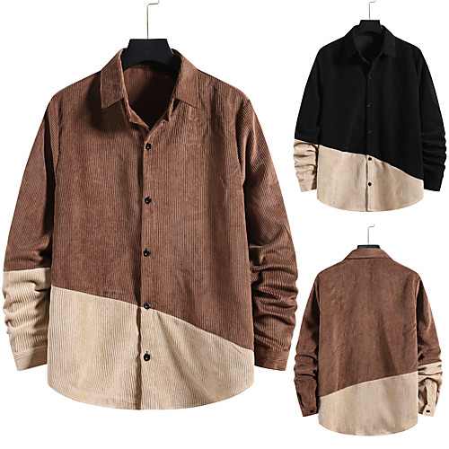 

Men's Shirt non-printing Color Block Plus Size Patchwork Long Sleeve Daily Tops Corduroy Elegant Vintage Classic Collar Button Down Collar Black Brown