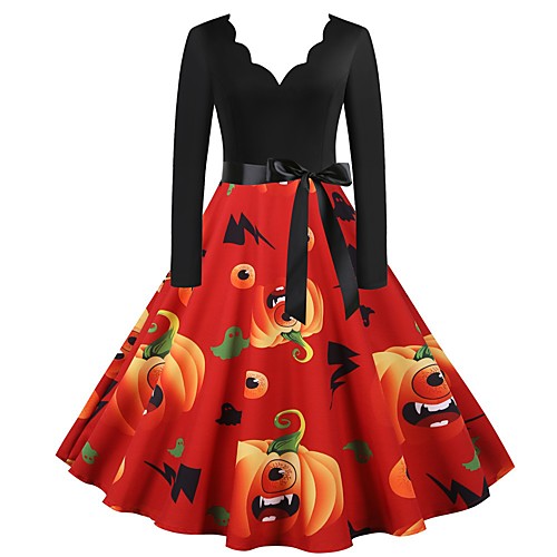 

Women's Halloween A Line Dress Knee Length Dress Blue Purple Blushing Pink Black Red Long Sleeve Pumpkin Bat Print Print Fall Round Neck Hot Vintage Slim 2021 S M L XL XXL 3XL