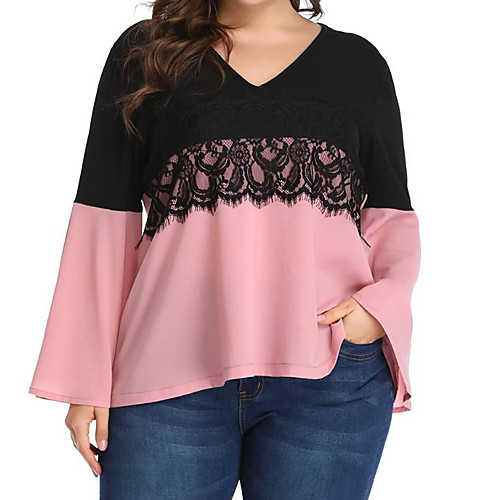 

Women's Plus Size Blouse Shirt Color Block Long Sleeve Lace Patchwork V Neck Basic Tops Blushing Pink