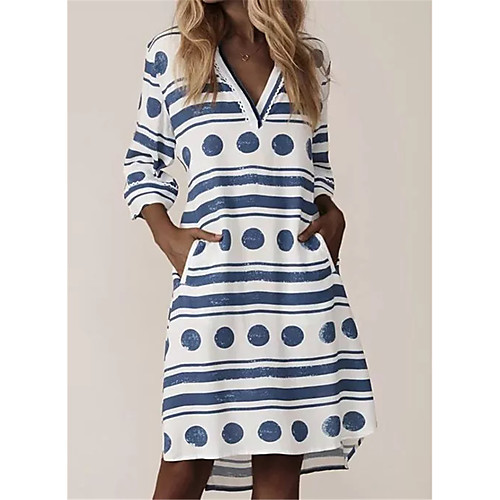 

Women's A Line Dress Knee Length Dress Blue Long Sleeve Print Print Fall Summer V Neck Work Hot Elegant 2021 S M L XL XXL / Cotton / Cotton