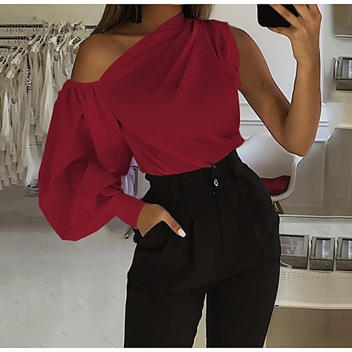 

Women's Blouse Shirt Solid Colored Long Sleeve Patchwork Off Shoulder Sexy Tops White Black Red