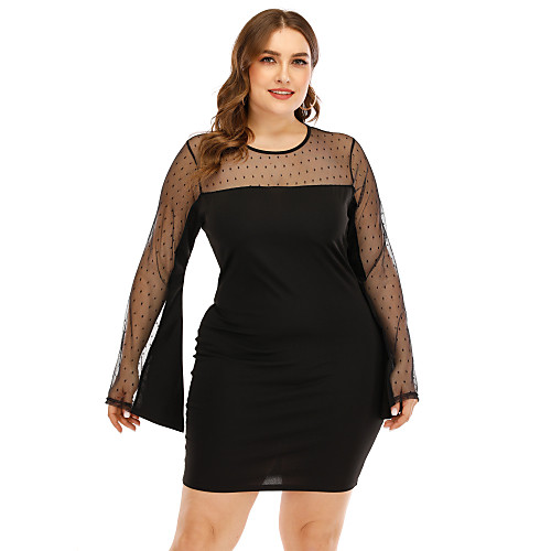 

Women's Sheath Dress Knee Length Dress Black Long Sleeve Polka Dot Solid Color Patchwork Fall Spring Round Neck Sexy Club Flare Cuff Sleeve 2021 S M L XL XXL 3XL 4XL / Plus Size