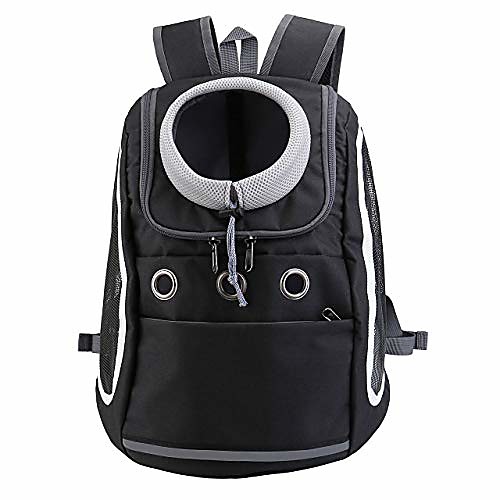 

comfortable dog cat carrier backpack, puppy pet front pack with breathable head out design and padded shoulder for hiking outdoor travel(black)