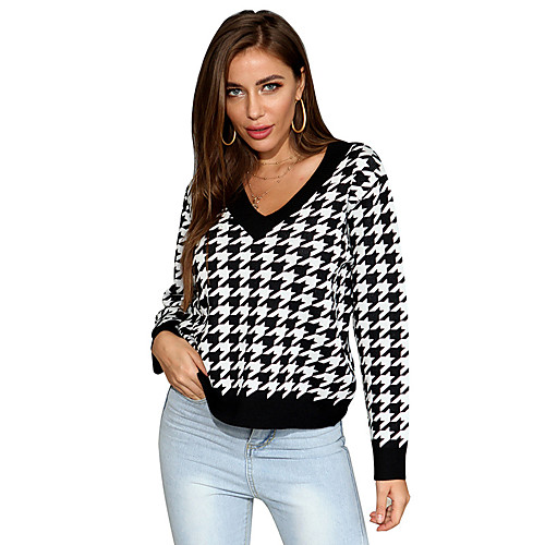 

Women's Basic Knitted Houndstooth Pullover Long Sleeve Sweater Cardigans V Neck Fall Winter Black