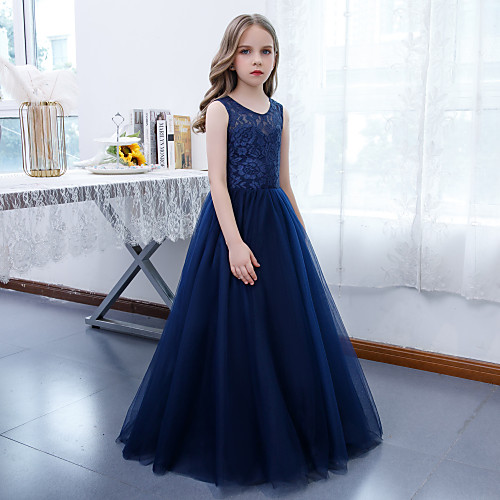 

A-Line Floor Length Junior Bridesmaid Dress Party Lace Sleeveless Jewel Neck with Pleats