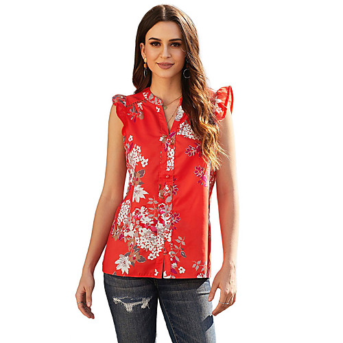 

Women's Blouse Tank Top Shirt Graphic Prints Print V Neck Basic Tops White Blue Red