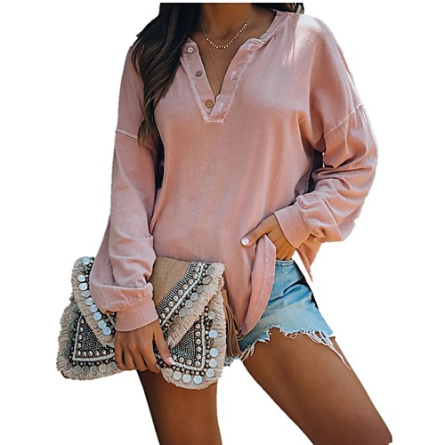 

Women's T shirt Solid Colored Long Sleeve Button V Neck Tops Basic Basic Top White Black Blushing Pink