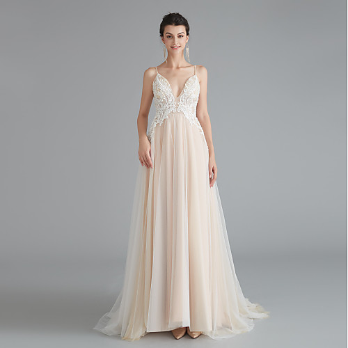

A-Line Beautiful Back Sexy Wedding Guest Formal Evening Dress V Neck Sleeveless Sweep / Brush Train Lace Tulle with Beading 2021