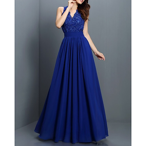 

A-Line V Neck Floor Length Chiffon / Lace Bridesmaid Dress with Pleats
