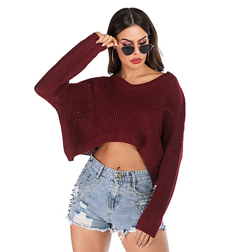 

Women's Basic Knitted Solid Color Plain Pullover Long Sleeve Sweater Cardigans V Neck Fall Winter Black Wine