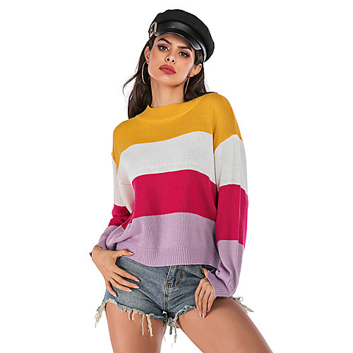 

Women's Basic Knitted Striped Color Block Pullover Long Sleeve Sweater Cardigans Crew Neck Round Neck Fall Winter Fuchsia