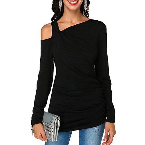 

Women's Blouse Shirt Solid Colored Long Sleeve One Shoulder Basic Tops Black